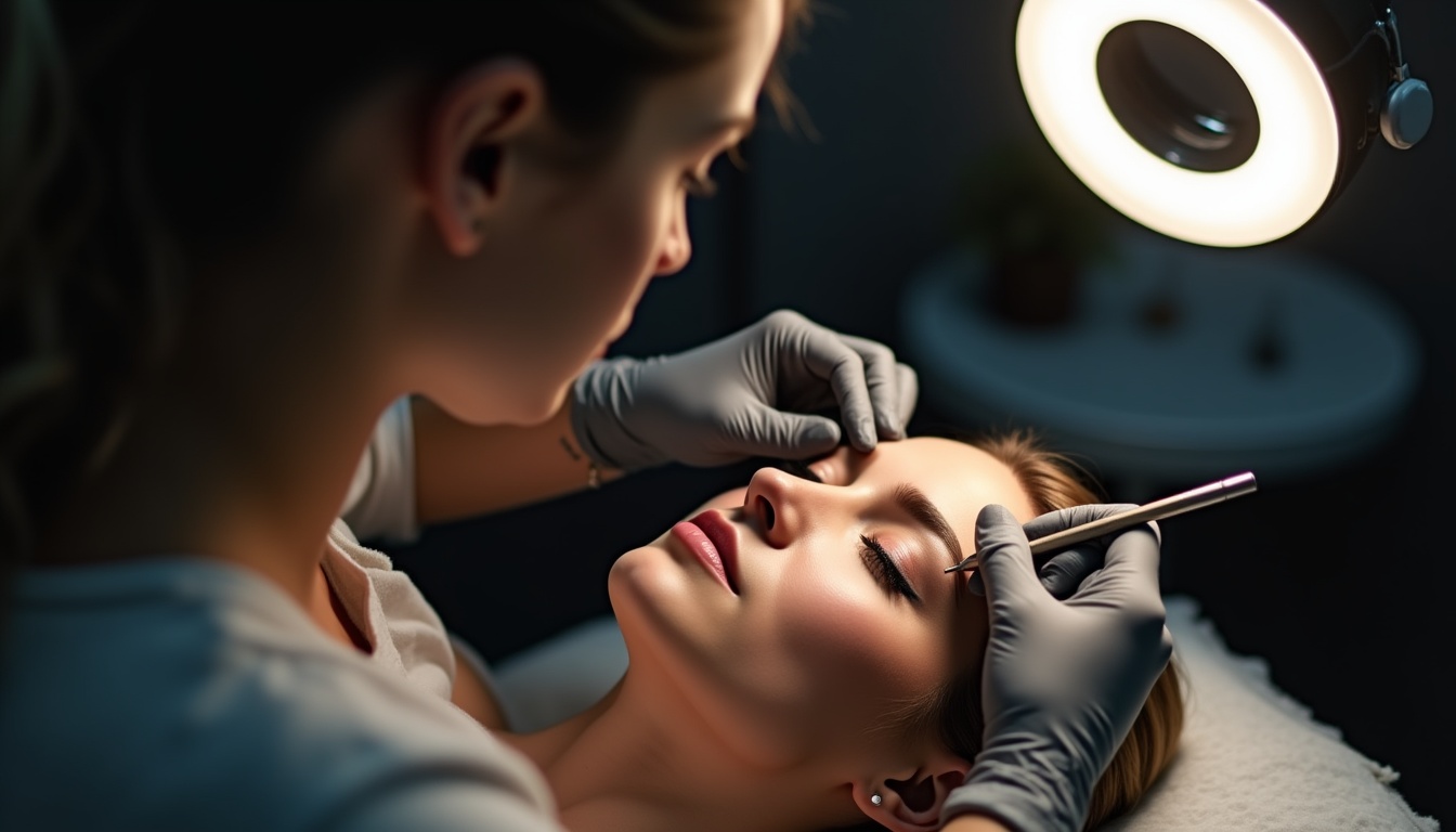 Femeie zâmbind cu sprâncene perfect conturate după tatuaj sprancene, ilustrând investiția în frumusețe.