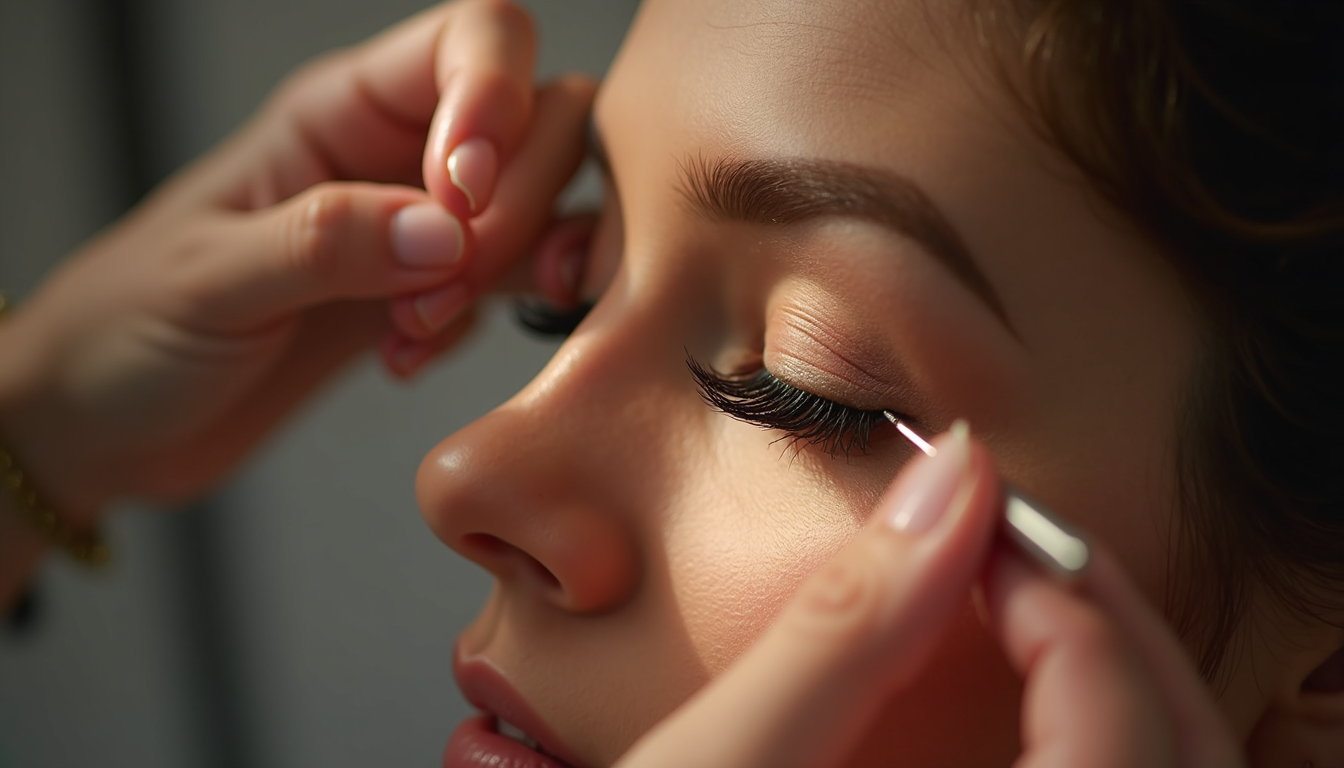 Femeie zâmbind, arătând sprâncene perfect laminate, cu o pensulă de machiaj în prim plan, ilustrând subiectul laminare