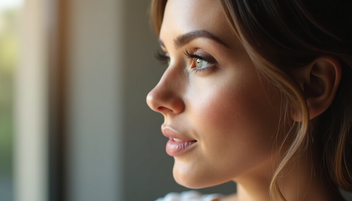 O femeie zâmbește, având sprâncenele perfect definite prin tatuaje semipermanente. Ghid tatuaje sprancene pret.