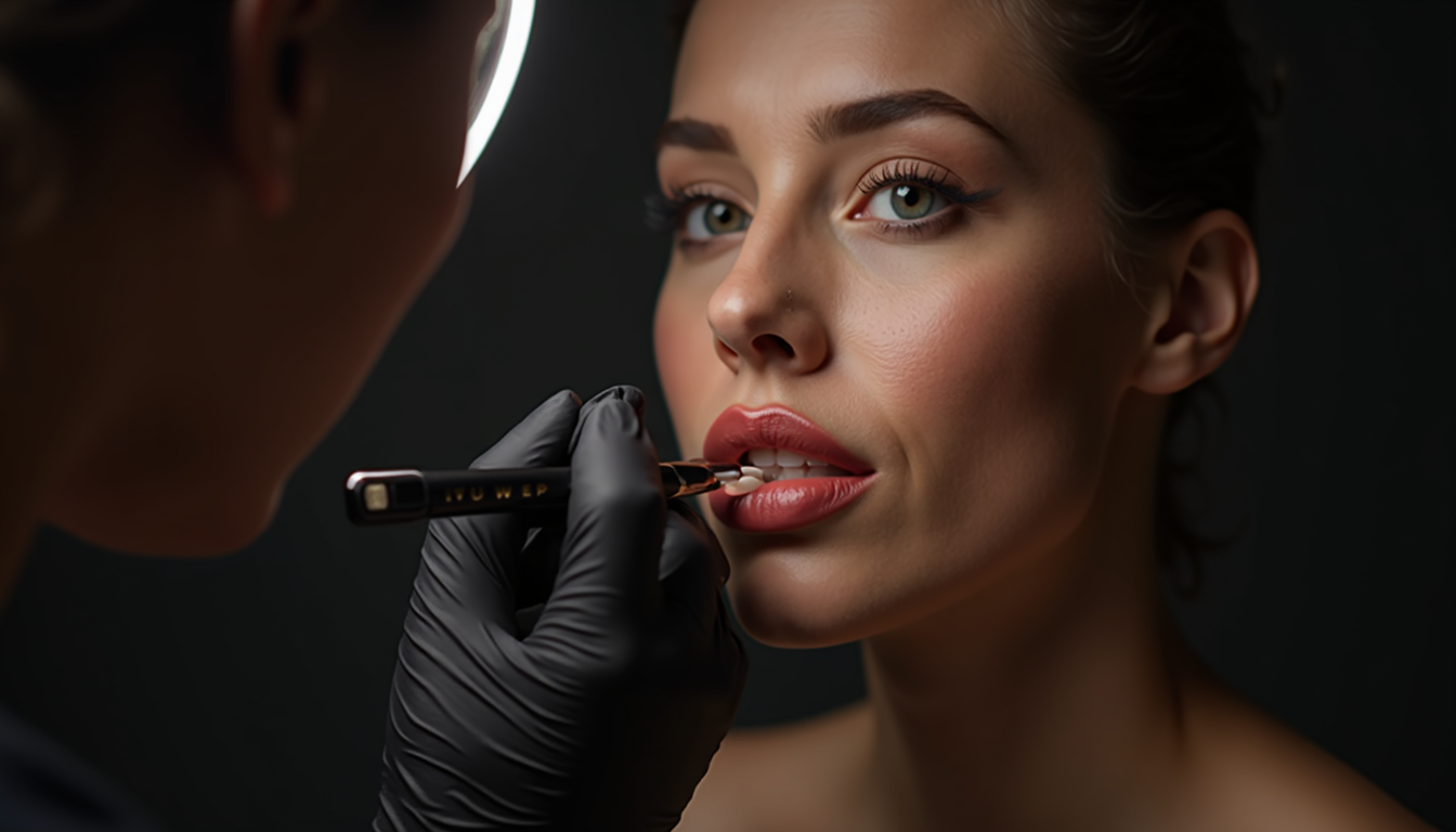 O femeie zâmbind cu buze perfect conturate după un tatuaj semipermanent la buze